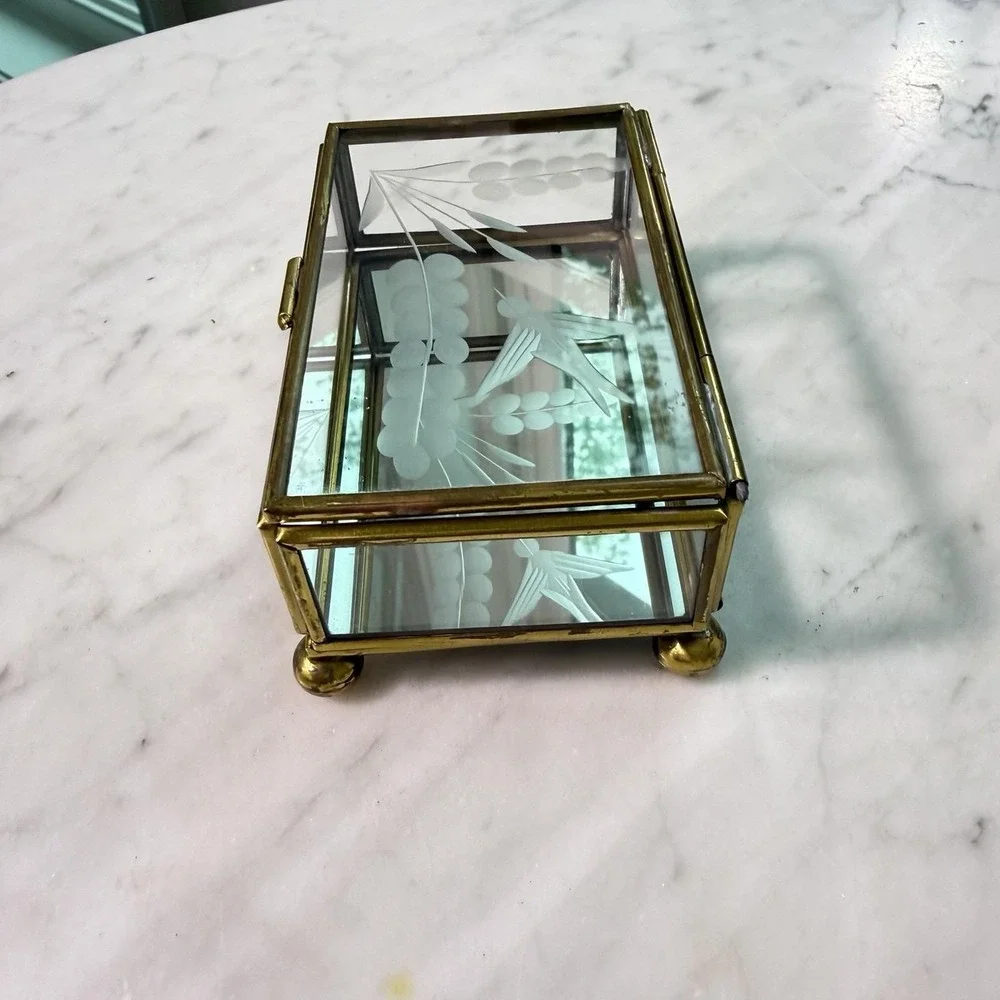 Vintage 80s Mexican Brass Etched Glass Swallow Trinket Box‎ Bird Vanity Mirror